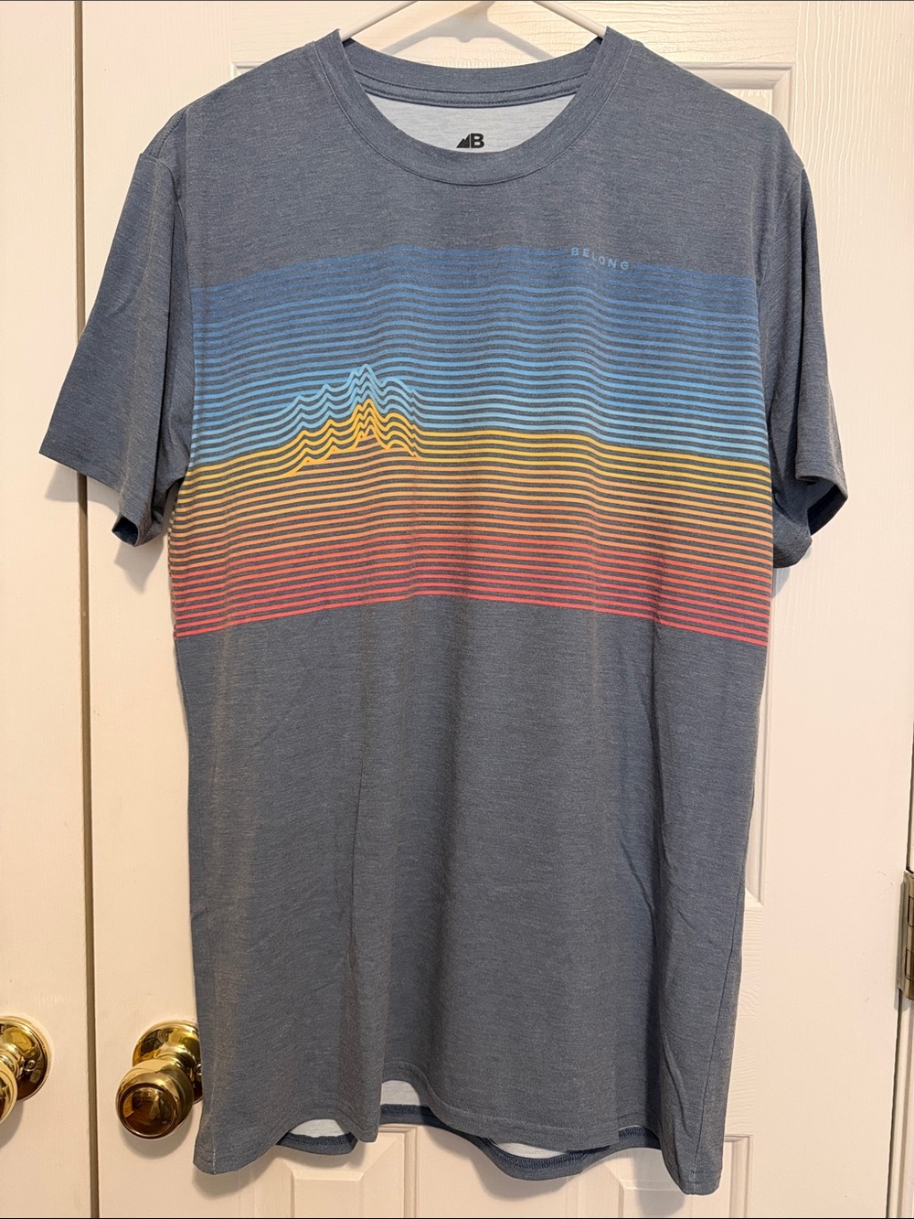Short Sleeve Heather Blue Tee with Multicolor Stripe Graphic